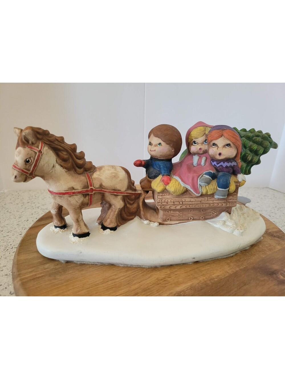 Vtg 80s Byron Mold Ceramic Christmas Horse Drawn Sleigh Kids Christmas Tree